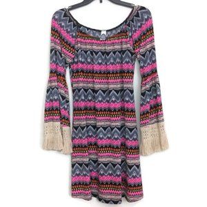 2B Together Crochet Fringed Bell Sleeve Tunic Dress Aztec Boho Tribal Size Large